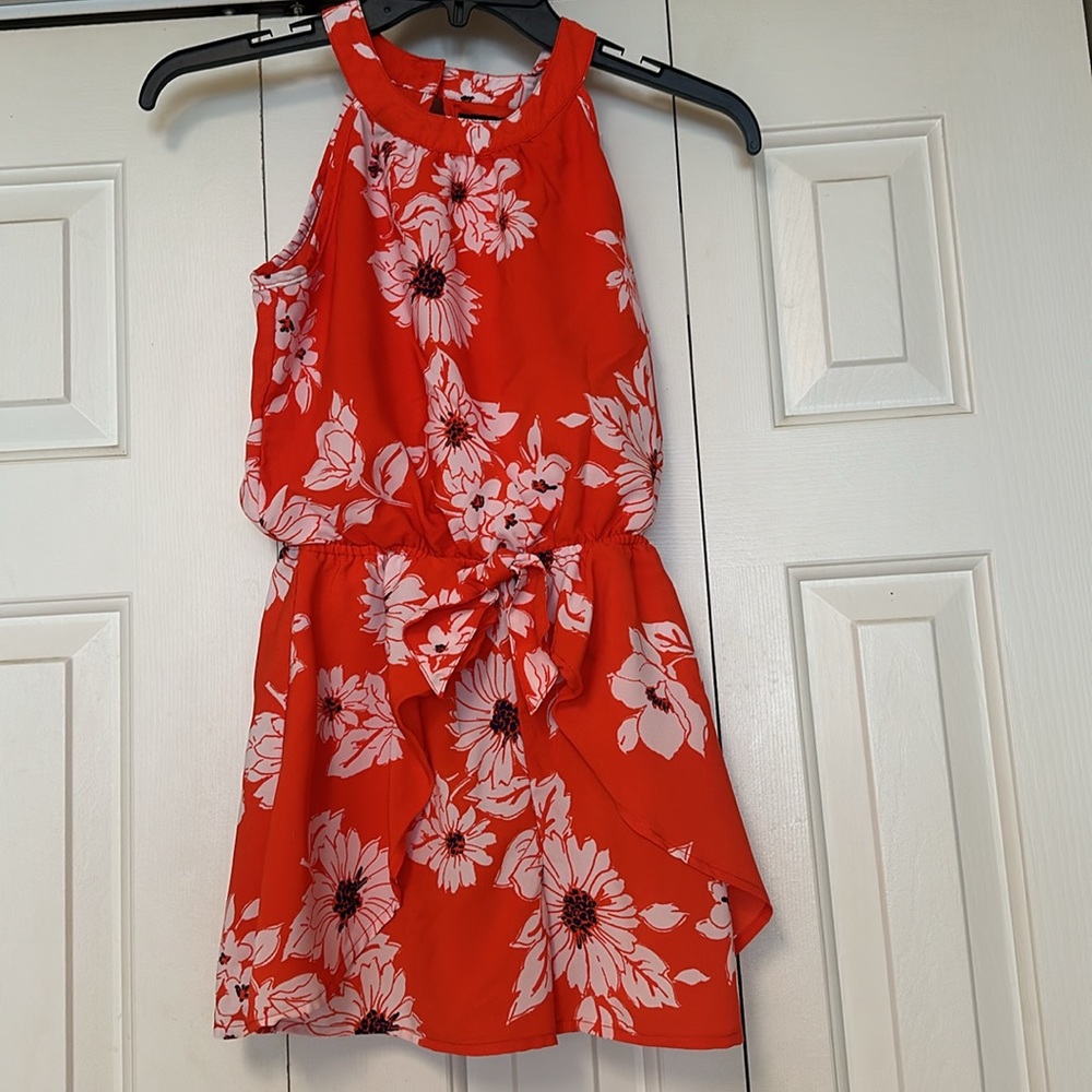 My Michelle girls floral romper orang & white one button bow in back. si…